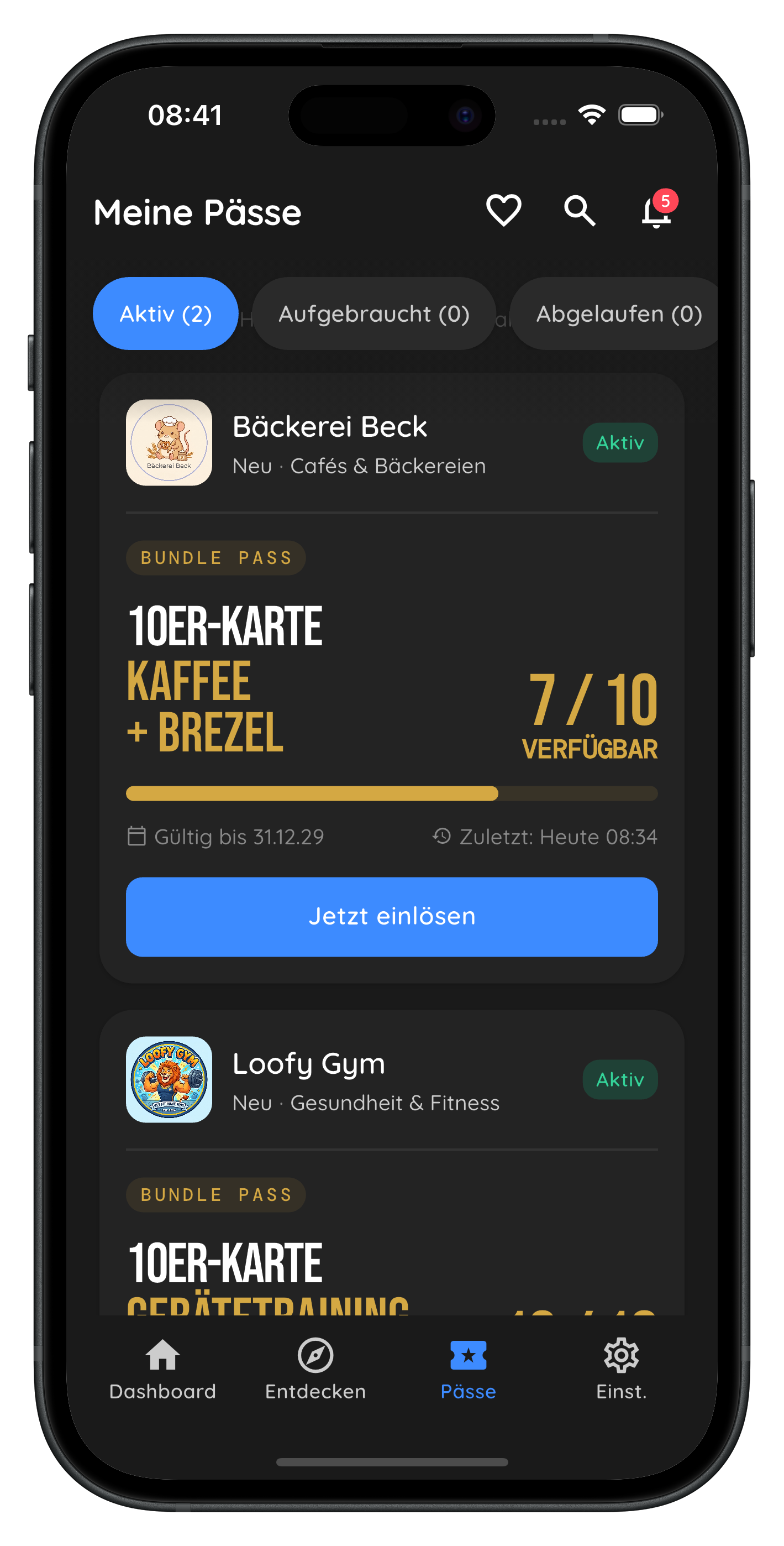 Die Loofy-App: Ein Kunde sieht seinen Kaffee-Pass der Bäckerei Beck und kann ihn einlösen.