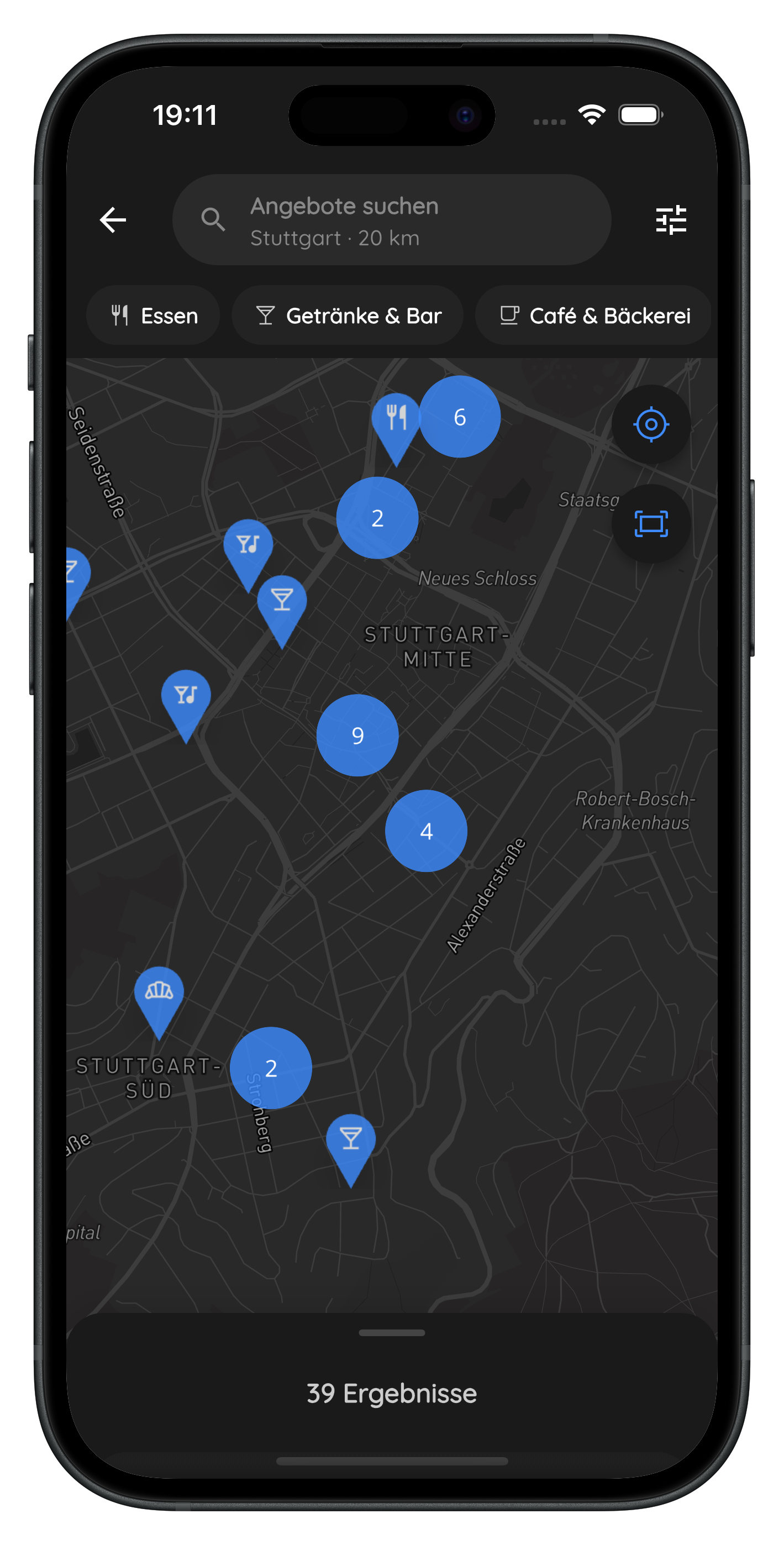 Die Loofy-App: die Karte von Stuttgart-Mitte mit Pins auf Aktionen in der Umgebung.