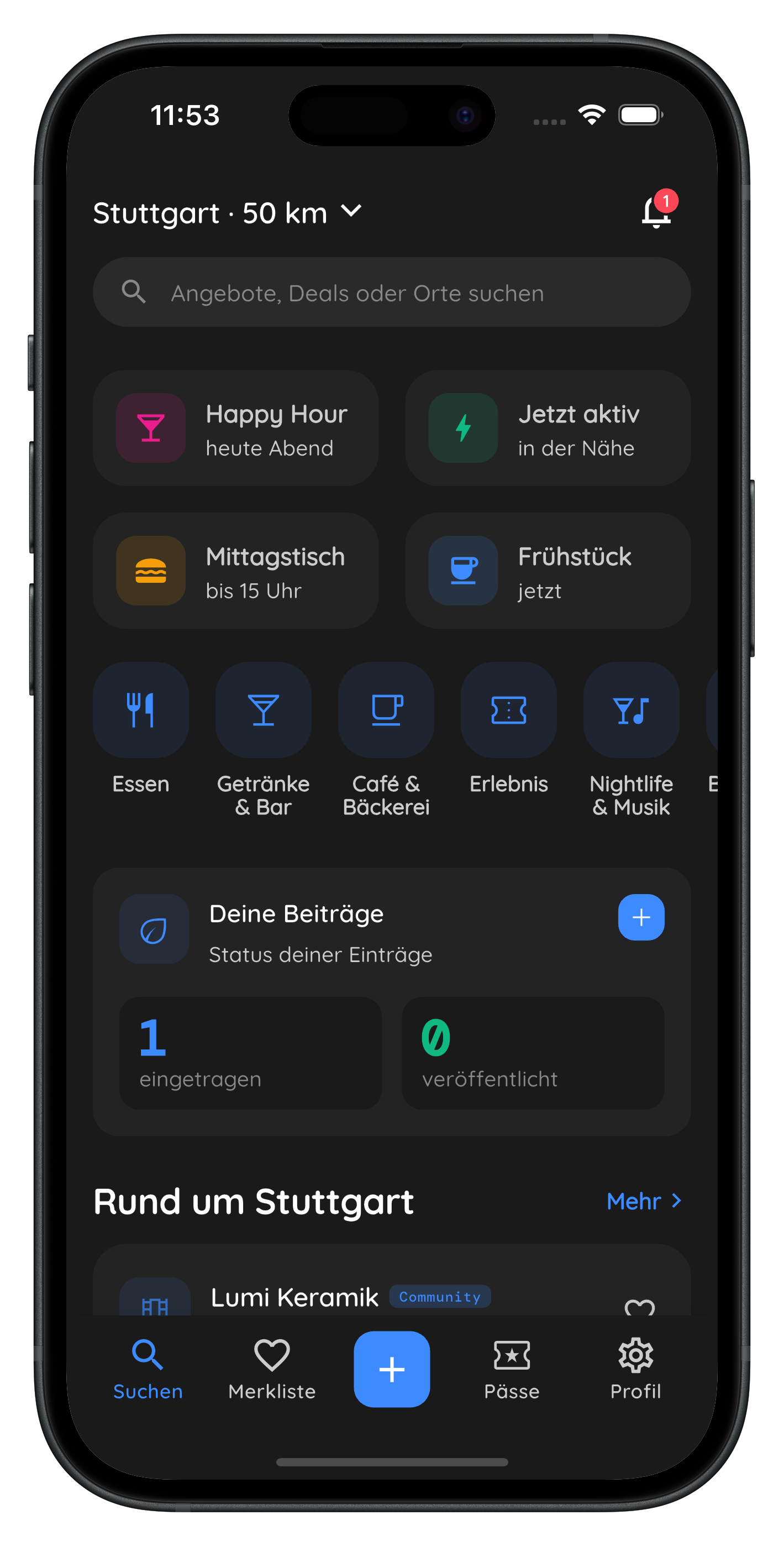 Startbildschirm der Loofy-App: Suchfeld und die vier Momente Happy Hour, Jetzt aktiv, Mittagstisch und Frühstück.